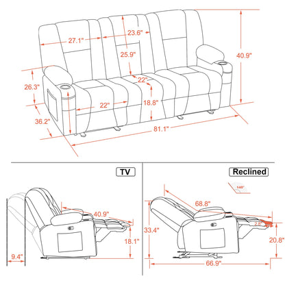 MCombo Power Reclining Sofa with Heat and Vibration,USB Ports, Cup Holders,3-Seat Dual Recliner Sofa for Living Room 6015 (Burgundy)