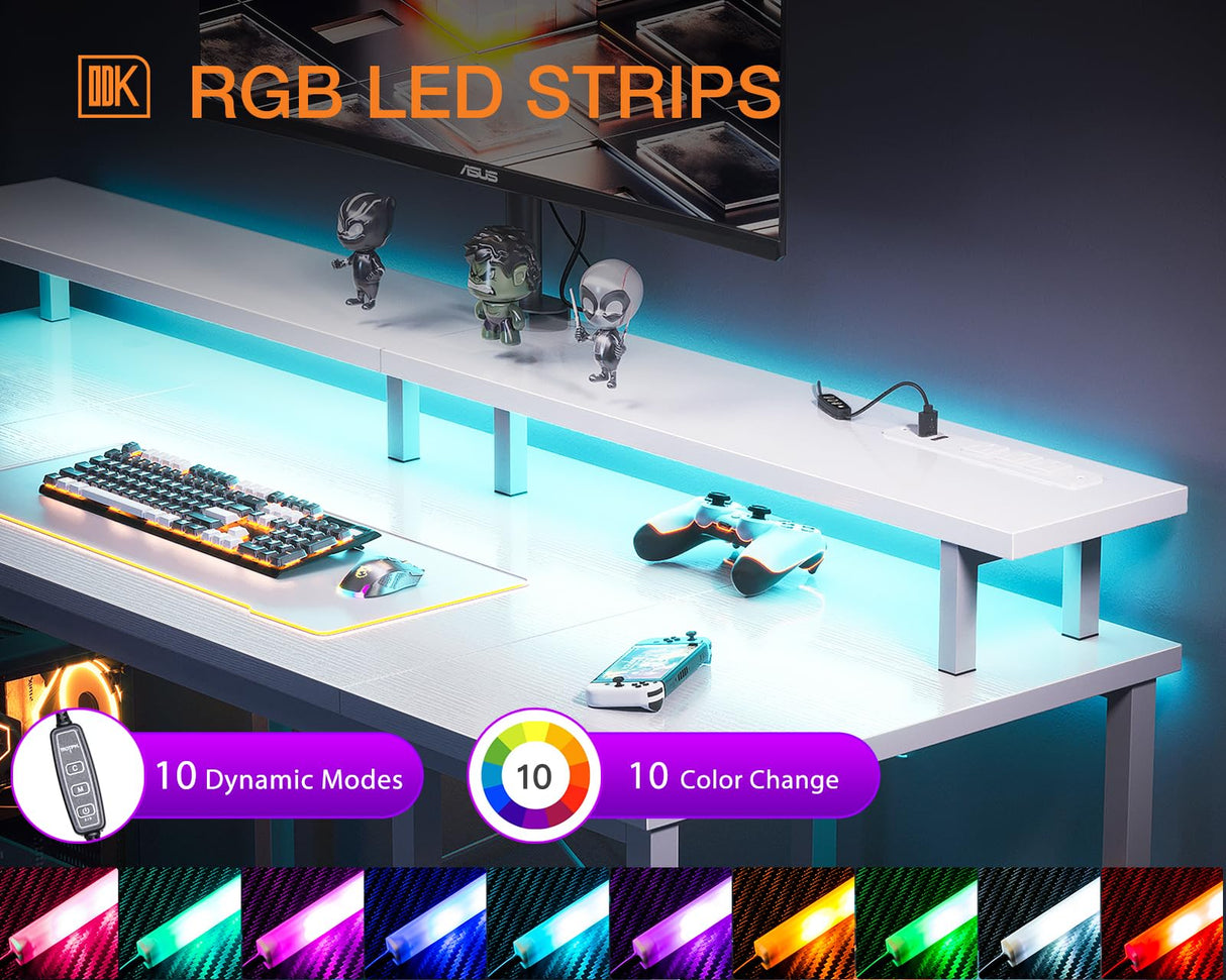 ODK 48 inch Gaming Desk with LED Lights & Power Outlets, Computer Desk with Monitor Stand & Storage Sheves, CPU Stand, Home Office Desk, White ODK