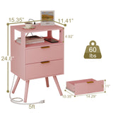JOONEE Pink Nightstand with Charging Station and LED Lights,Modern Bedside Table with 2 Storage Drawer and Open Wood Shelf, for Bedroom and Small Spaces,Night Stand with Solid Wood Legs,Pink JOONEE
