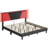 Bestier King Bed Frame with Headboard and LED Light, Faux Leather Upholstered Platform Bed with Storage Shelf, Gaming Style Bed Base, Wood Slat Support, Never Squeaks, No Box Spring(Black-Red) Bestier