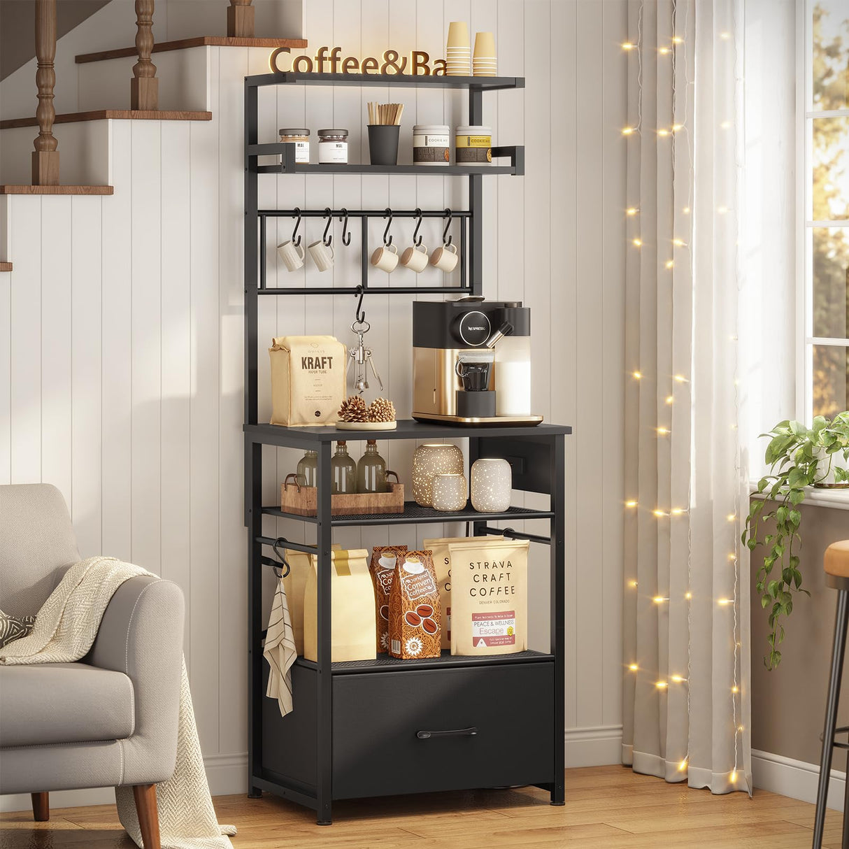 Itaar 6 Tier Bakers Rack, Coffee Station with Power Outlet, Farmhouse Small Coffee Bar with Drawer for Small Space, Microwave Stand with Storage and 8 Hooks for Kitchen, Living Room (Black) Itaar
