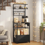 Itaar 6 Tier Bakers Rack, Coffee Station with Power Outlet, Farmhouse Small Coffee Bar with Drawer for Small Space, Microwave Stand with Storage and 8 Hooks for Kitchen, Living Room (Black) Itaar