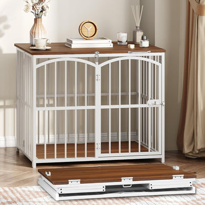 HOOBRO Foldable Dog Crate Furniture, 31.5" Indoor Dog Kennel No Assembly, Wooden Dog Cage Decorative Side End Table, for Medium Small Dogs, White and Walnut WH86GW03