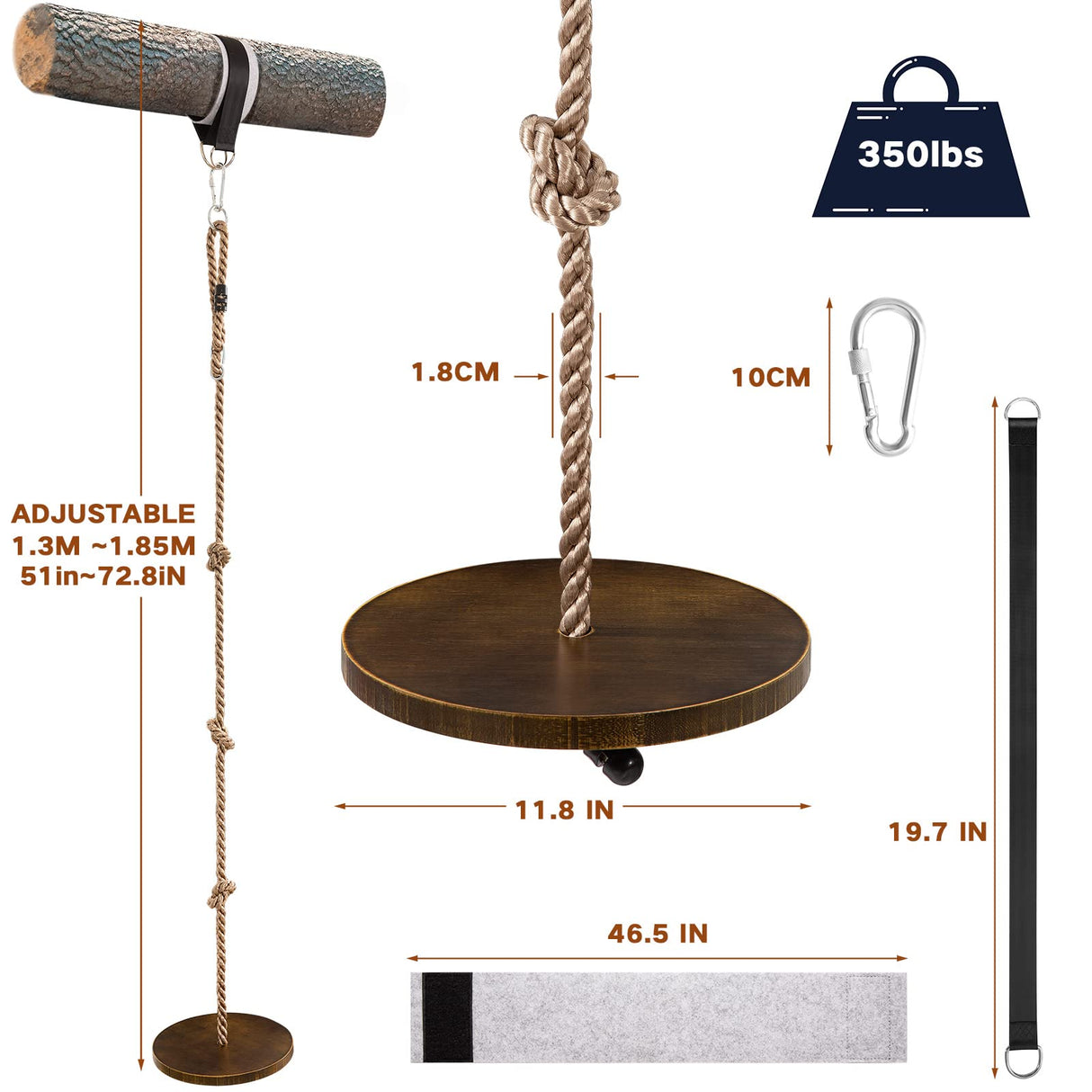 Yangbaga Wooden Round Disc Rope Swing 51”-73” Adjustable Climbing Rope Tree Swing with Hanging Strap Snap Hook and Felt Protectors for Kids Outdoor Brown Yangbaga