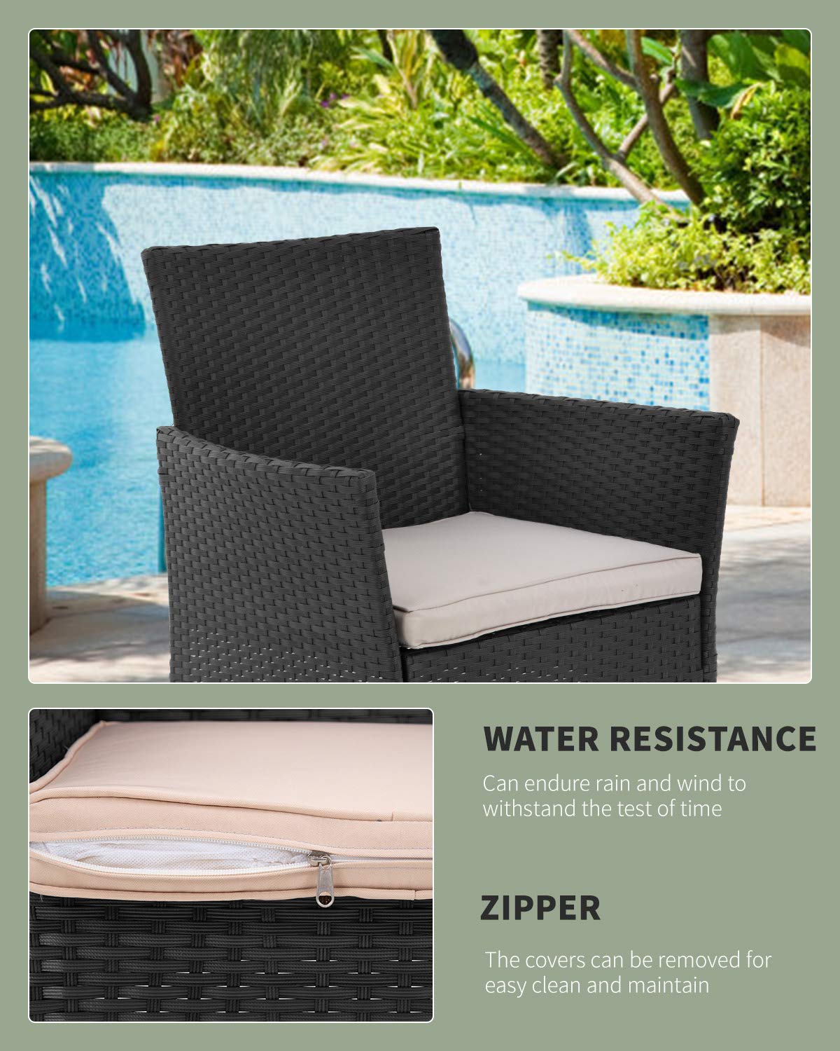 3 Piece Furniture Patio Chairs Wicker Outdoor Rattan Conversation Bistro Set for Backyard Porch Poolside Lawn (Black) PayLessHere