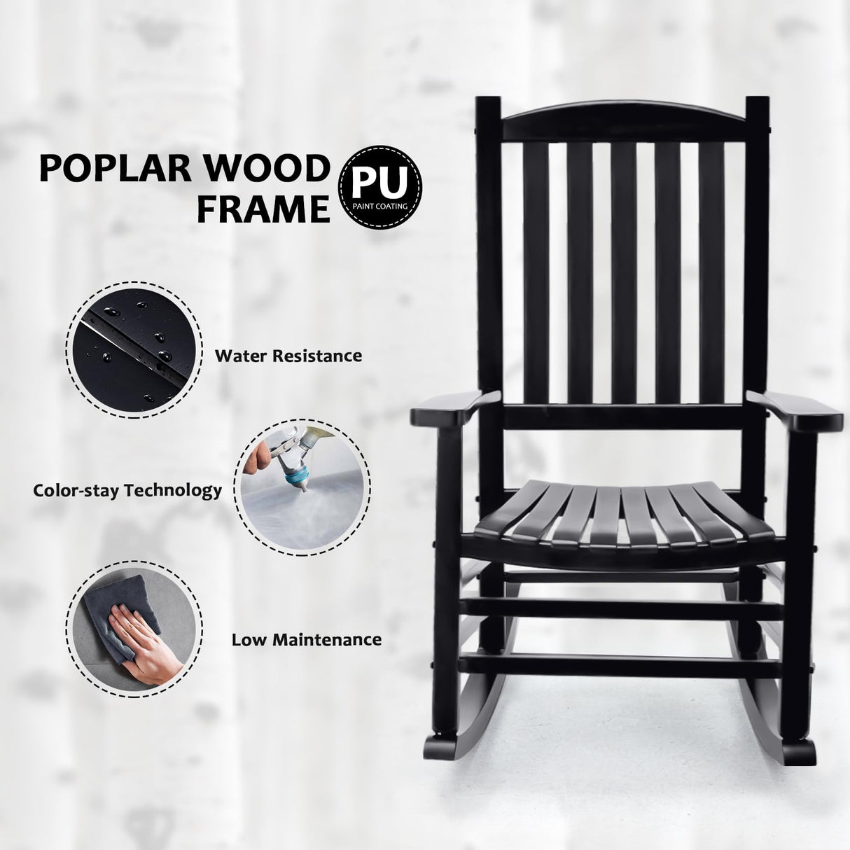 Hupmad Wooden Rocking Chair Rocker Outdoor Oversized Porch Rocker Chair,Patio Wooden Rocker with High Back and Armrest,All Weather Rocker Slatted for Backyard,Garden,400 lbs Support,Black Hupmad