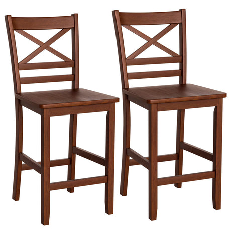 COSTWAY Bar Stools Set of 2, 25'' Antique Kitchen Counter Height Chairs with Wooden X-Shaped Backrest & Rubber Wood Legs, Suitable for Home, Cafe COSTWAY