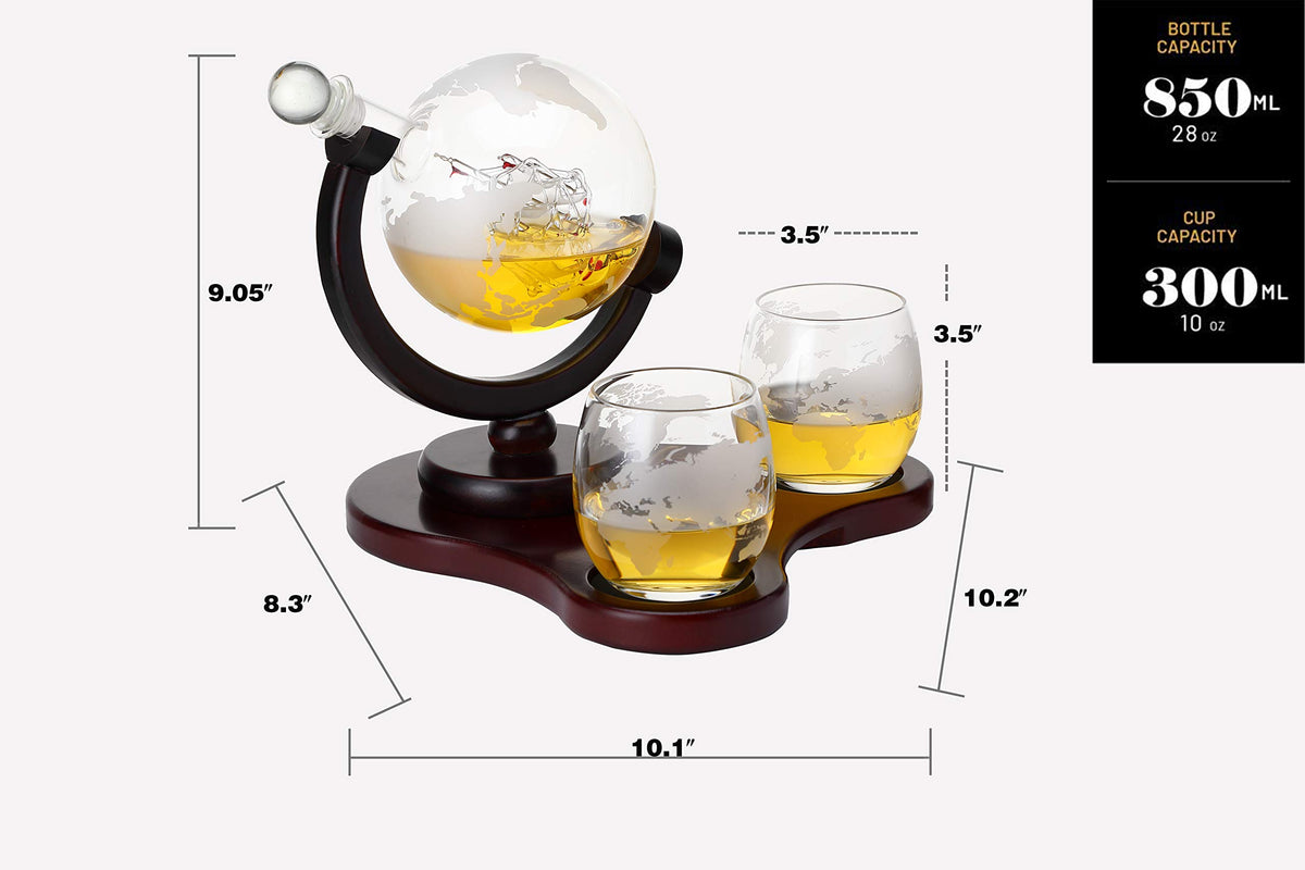Verolux Whiskey Globe Decanter Set with 2 Glasses in Gift Box - Whiskey decanter for Liquor, Whiskey, Brandy, Gin, Rum, Tequila, Vodka, and Brandy - Home Bar Accessories for Men and Women Verolux