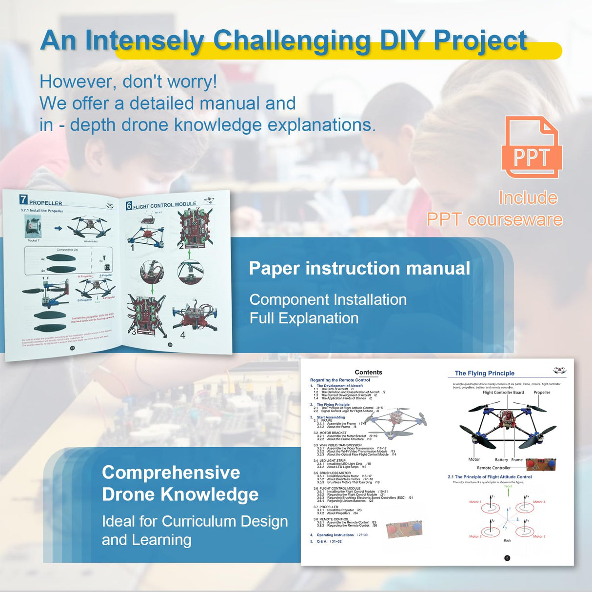 Quadrotor Drone DIY Kit: A Unique STEM Project with Brushless Motor, Optical Flow Hovering, One-Click Takeoff and Landing, and 360° Flip for DIY Enthusiasts to Learn Drone Basics EIELEDIY