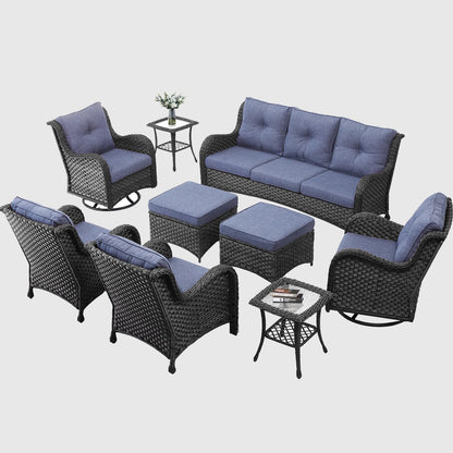 9 Pieces Outdoor Patio Furniture Set, Wicker Rattan Swivel Glider Rocker Single Chairs Patio Sofa with Ottomans and Side Table - WoodArtSupply