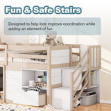Okak Twin Size Low Loft Bed, Kids Loft Bed Frame with Playhouse, Drawer, Shelf, Stairs for Storage, Toddler Beds Frame with Safety Guardrail and Strong Wood Slats for Girls or Boys - White & Cream Okak