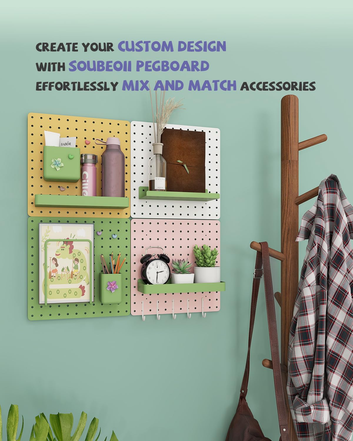 Soubeoii Metal Pegboard Combination Kit — 4 Carbon Steel Pegboards with 26 Accessories, Pegboard Wall Organizer for Home, Office, Study Room, Kitchen, Garage & Craft Room — 24″ × 24″ Pink Peg Board Soubeoii