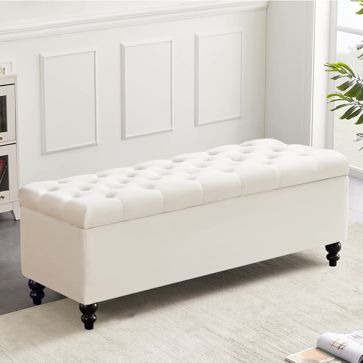 Storage Ottoman 50.2 Inches Upholstered Fabric Storage Ottoman Bench，Button Tufted Ottoman with Storage for Living Room，Bedroom End of Bed Bench Withstands 304lbs (Ivory) Living&Giving