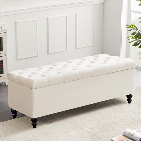 Storage Ottoman 50.2 Inches Upholstered Fabric Storage Ottoman Bench，Button Tufted Ottoman with Storage for Living Room，Bedroom End of Bed Bench Withstands 304lbs (Ivory) Living&Giving