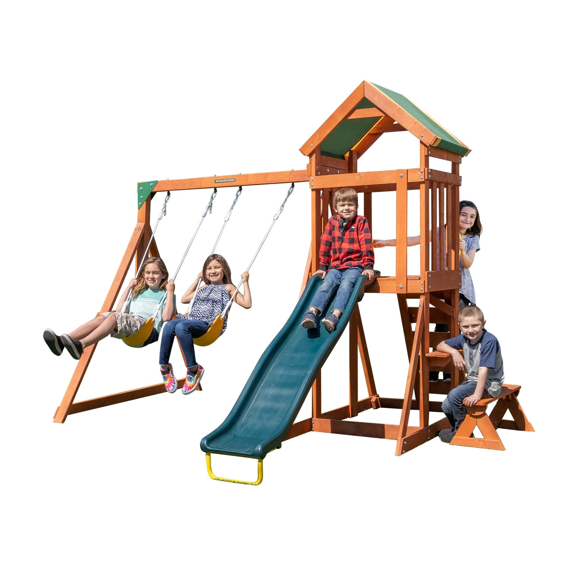 Sportspower Scottsdale Wood Swing Set: 2 Adjustable Swings, Sandbox, Rock Climber, Covered Deck, 1 Slide - Exceeds ASTM Safety Standards - WoodArtSupply