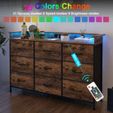 EXOTICA Industrial Dresser for Bedroom with Charging Station and LED Light Fabric Storage Dresser with 9 Fabric Drawers Chest of Drawers for Closet Hallway Sturdy Steel Frame Wooden Top EXOTICA