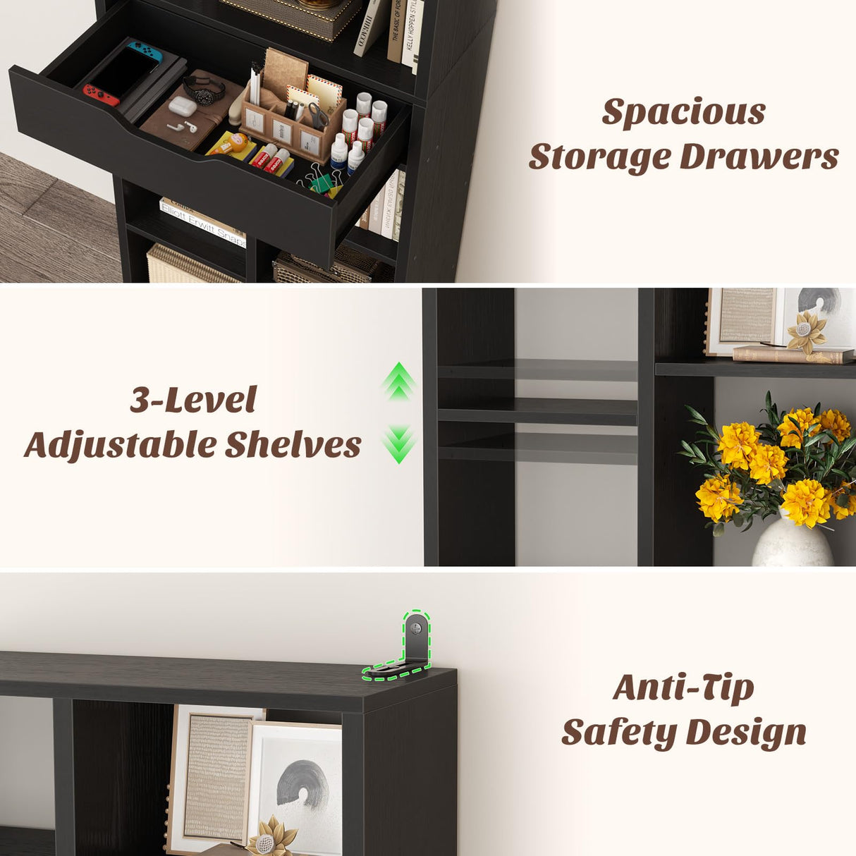 Armocity 8-Tier Book Shelf with Drawer, 73.6" Tall Bookcase and Bookshelf Modern Freestanding Open Display Shelves for Living Room Home Office, Bedroom, Black Armocity