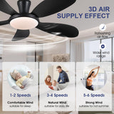 PHORUS 48" Low Profile Ceiling Fan With Lights and Remote/APP, Black With Quiet Reversible DC Motor, Dimmable 3 Colors 6 Speeds, Modern Flush Mount for Bedroom Kitchen PHORUS