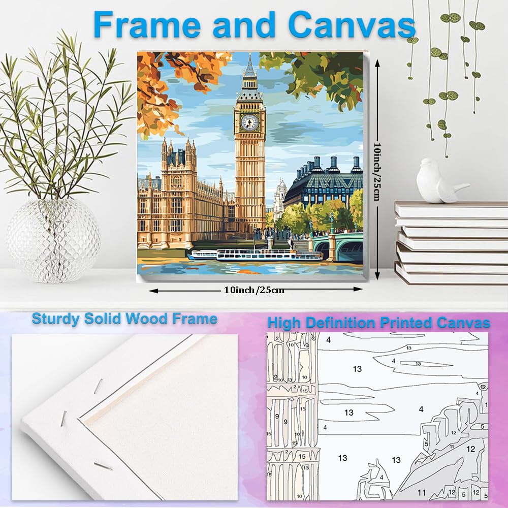 Artunion Framed Paint by Numbers Kit for Adults Beginners & Kids Ages 8-12,Big Ben Paint by Number with Frame,London City Paint by Numbers Kit on Canvas 10 * 10 Inch Without Easel Artunion