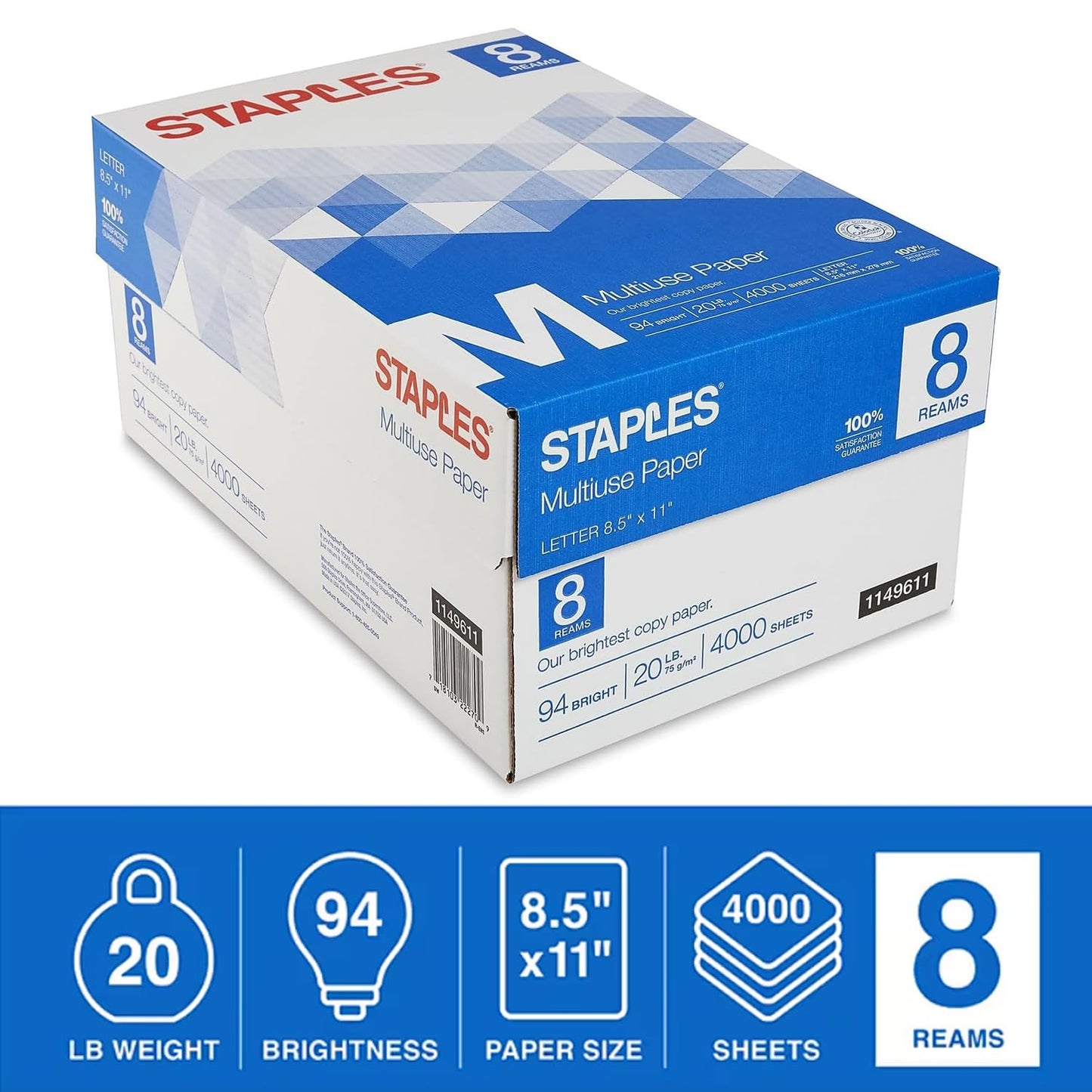 Staples Multiuse Copy Paper, 8 1/2" x 11" Letter Size, Fax Inkjet & Laser Printer Paper, 94 Brightness, White Color, 20 lb. Density (500 Sheets/Ream, 8 Reams/Carton)