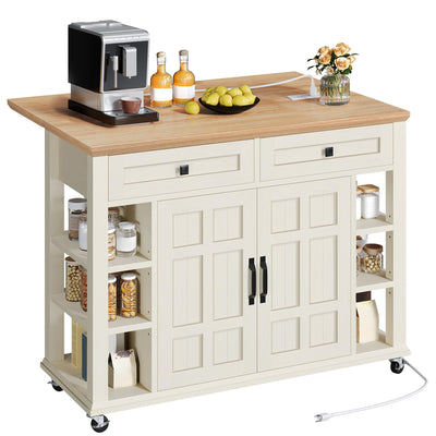YITAHOME Kitchen Island with Drop Leaf, Mobile Storage Island with Power Outlet, Americana Rolling Kitchen Carts with Storage Shelves and Drawers, Island Table on Wheels for Dining Room, Beige