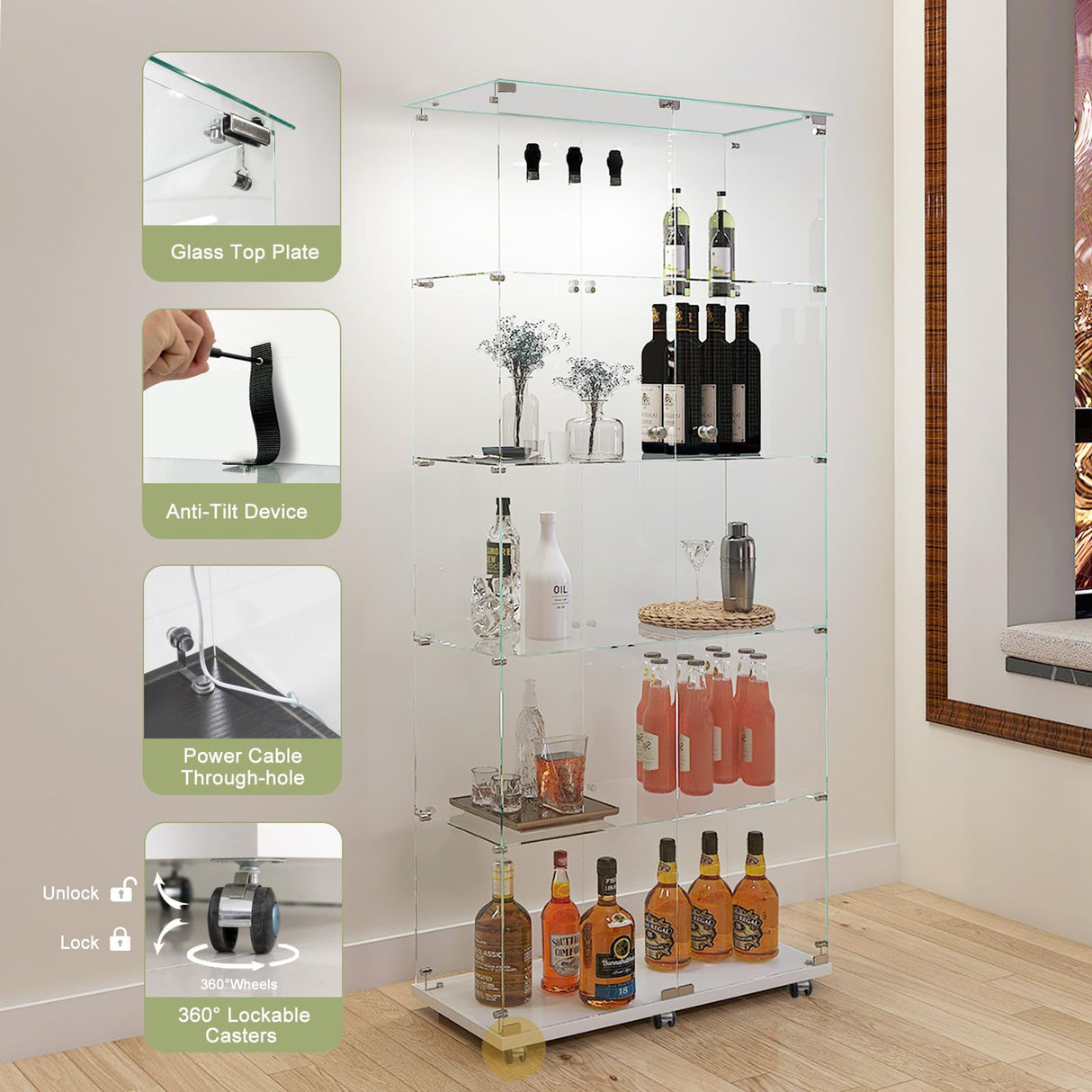 Buzleer Glass Display Cabinet with Lock LED Lighting 5-Tier 2-Door Curio Cabinets Full Vision Showcase Tempered Glass Display Case with Wheels for Living Room Bedroom Office, 74.6"*30.9"*13.6",White Buzleer