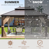 EROMMY 10' x 13' Hardtop Gazebo Double Roof Galvanized Steel Canopy Outdoor Aluminum Frame Permanent Metal Pavilion with Netting and Curtains for Patio Backyard Deck and Lawns EROMMY