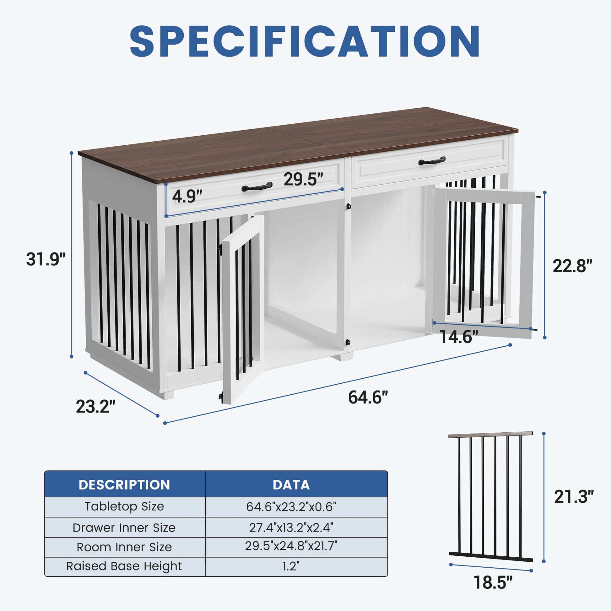 PIAOMTIEE Large Dog Crate Furniture, 64.6" Wooden Dog Crate Kennel with 2 Drawers and Divider, L Heavy Duty Dog Crates Cage Furniture for Medium Dog or 2 Small Dogs Indoor - WoodArtSupply