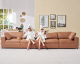 PaPaJet Modular Sectional Sofa, 114 Inches Down Filled Sectional Sofa, 4 Seats L Shaped Cloud Couch with Chaise, Ottoman, Oversized Sofa for Living Room Apartment, Brown Anti-Scratch Leathaire Couch PaPaJet