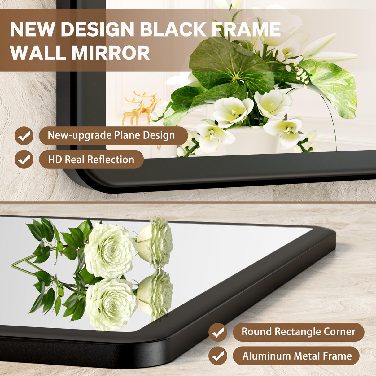 pertetey New Upgrade 55X30 Inch Wall Mounted Bathroom Mirror, Black Metal Frame Rounded Rectangle Mirror, Bathroom Vanity Mirror with Tempered Glass for Washroom Bedroom Living Room pertetey