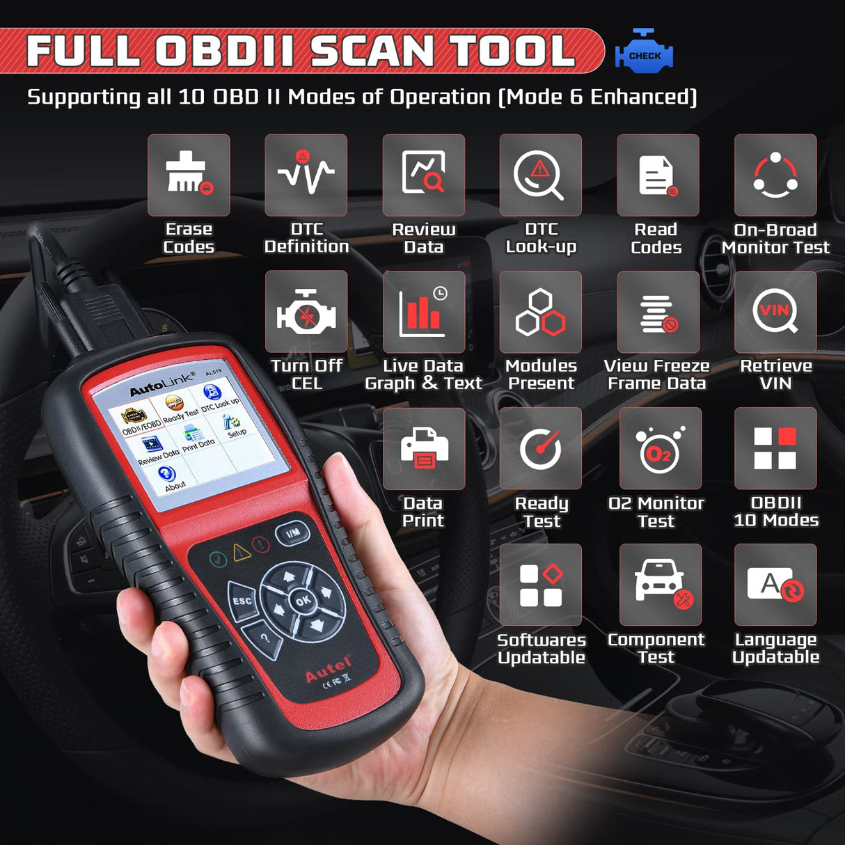 Autel AutoLink AL519 OBD2 Scanner Enhanced Mode 6 Car Diagnostic Tool Check Engine Code Reader CAN Scan Tool, Advanced Ver. of AL319 Autel