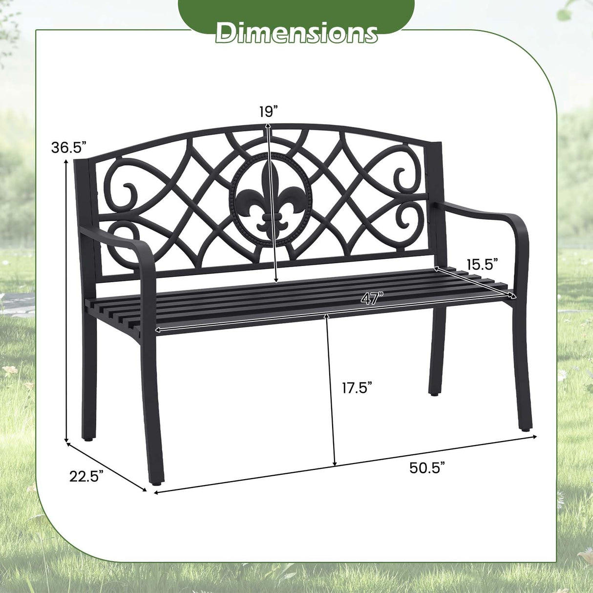 Giantex 50.5” Outdoor Bench with Metal Frame, Floral Design Cast Iron Backrest, Slatted Seat, Adjustable Foot Pads, Load 660Lbs, Garden Bench for Outside Patio Backyard Porch Park, Black Giantex