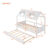 DHPM Twin Size Wooden Playhouse Bed with Trundle and Safety Fence in White DHPM