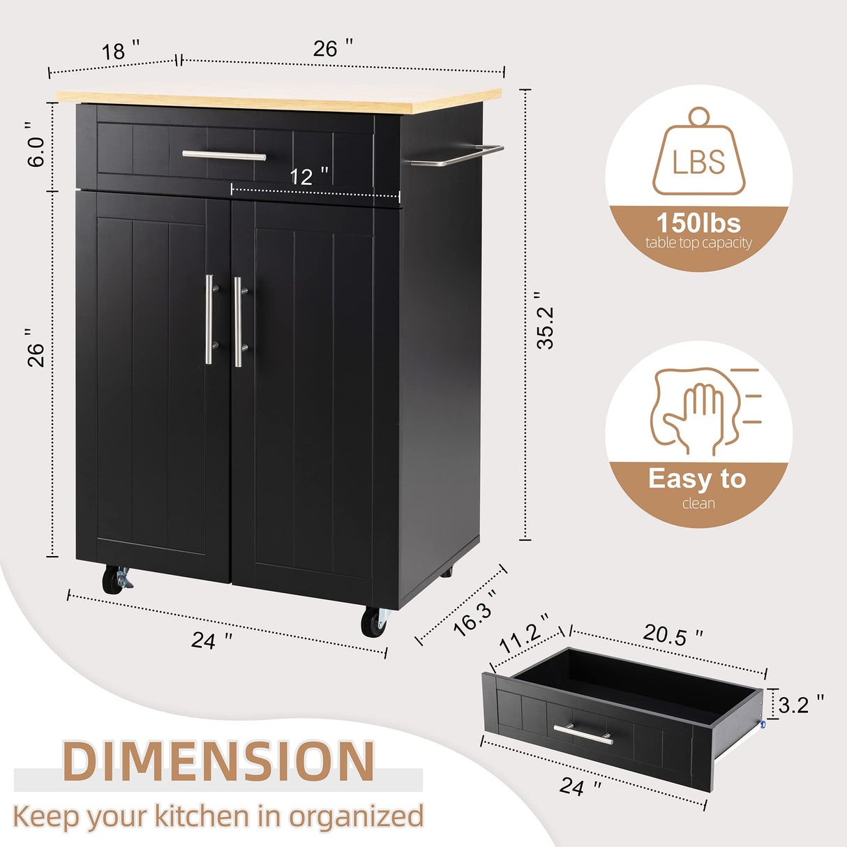 Shintenchi Kitchen Island Cart with Storage,Rolling Kitchen Island Side Table on Wheels with Worktop,Single Door Storage Cabinet and Drawer for Kitchen,Dinning Room, Black Shintenchi