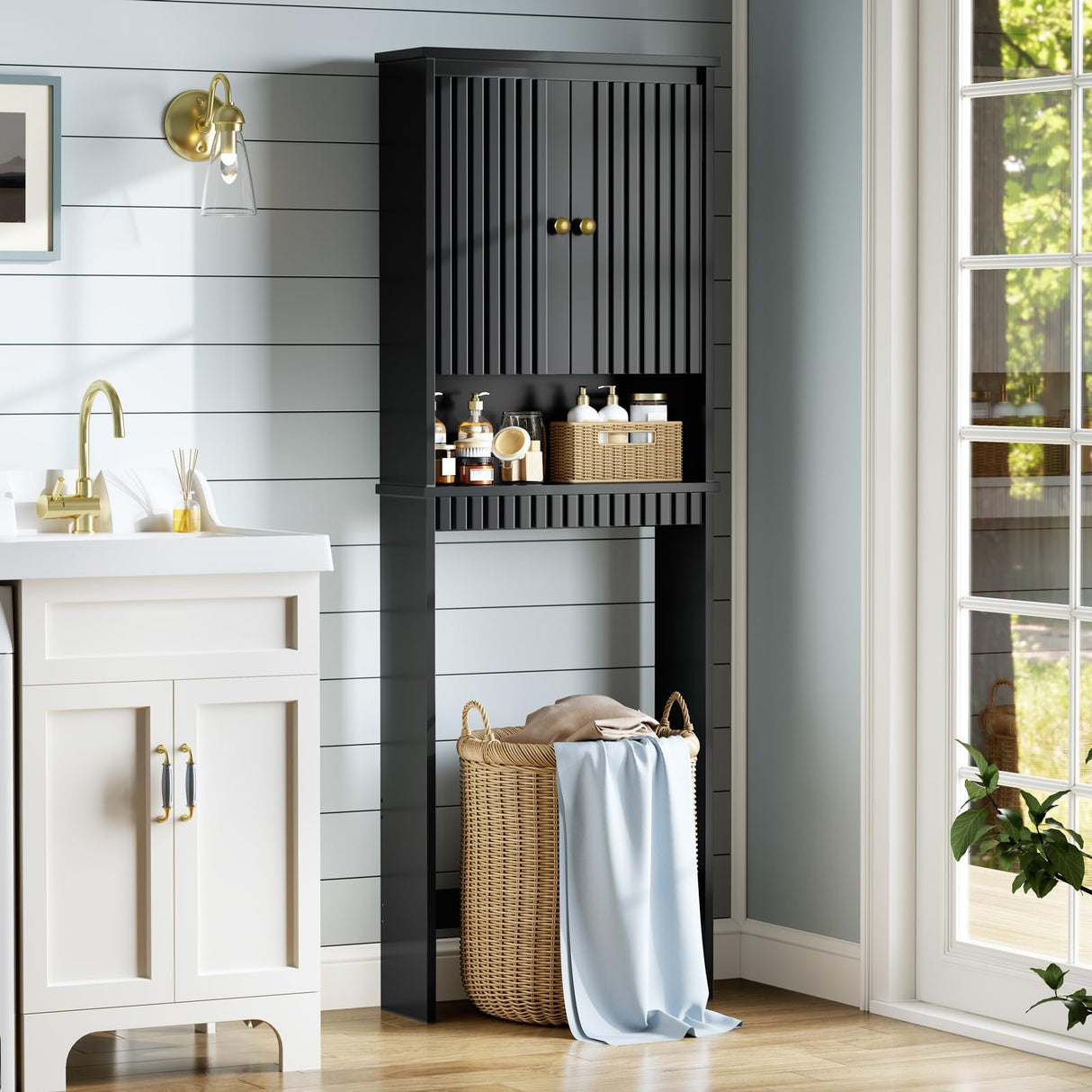 Baztin Over The Toilet Storage Cabinet, Over The Toilet Storage with Fluted Door Over The Toilet Cabinet with Adjustable Shelf Above The Toilet Storage Cabinet for Bathroom Organizer, Black Baztin