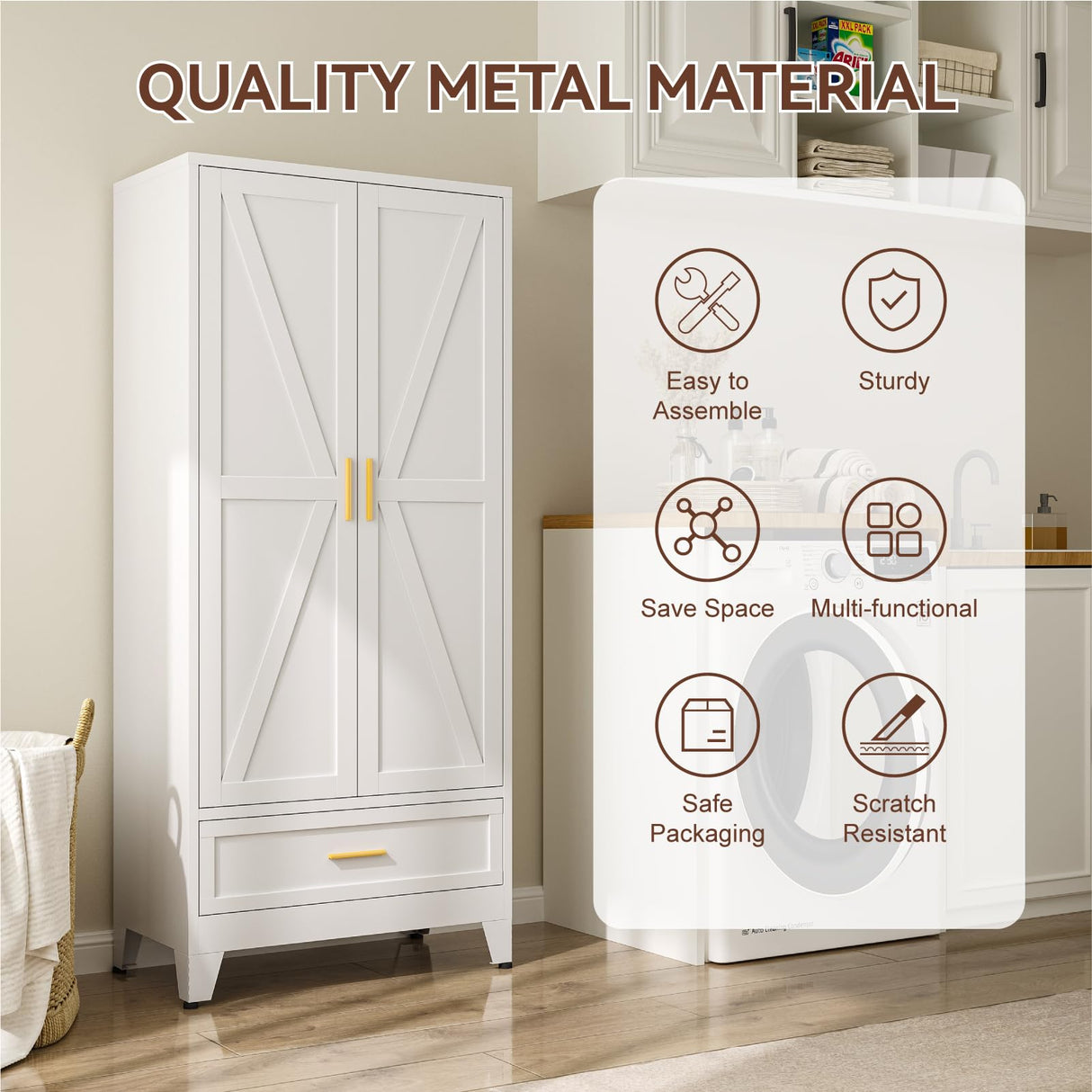 XIOMIOHTRQ Metal Wardrobe Cabinet, 71" Tall Armoire Wardrobe Closet with Drawer, Farmhouse Clothing Storage Cabinet for Bedroom, Laundry (White, 1 Drawer) XIOMIOHTRQ