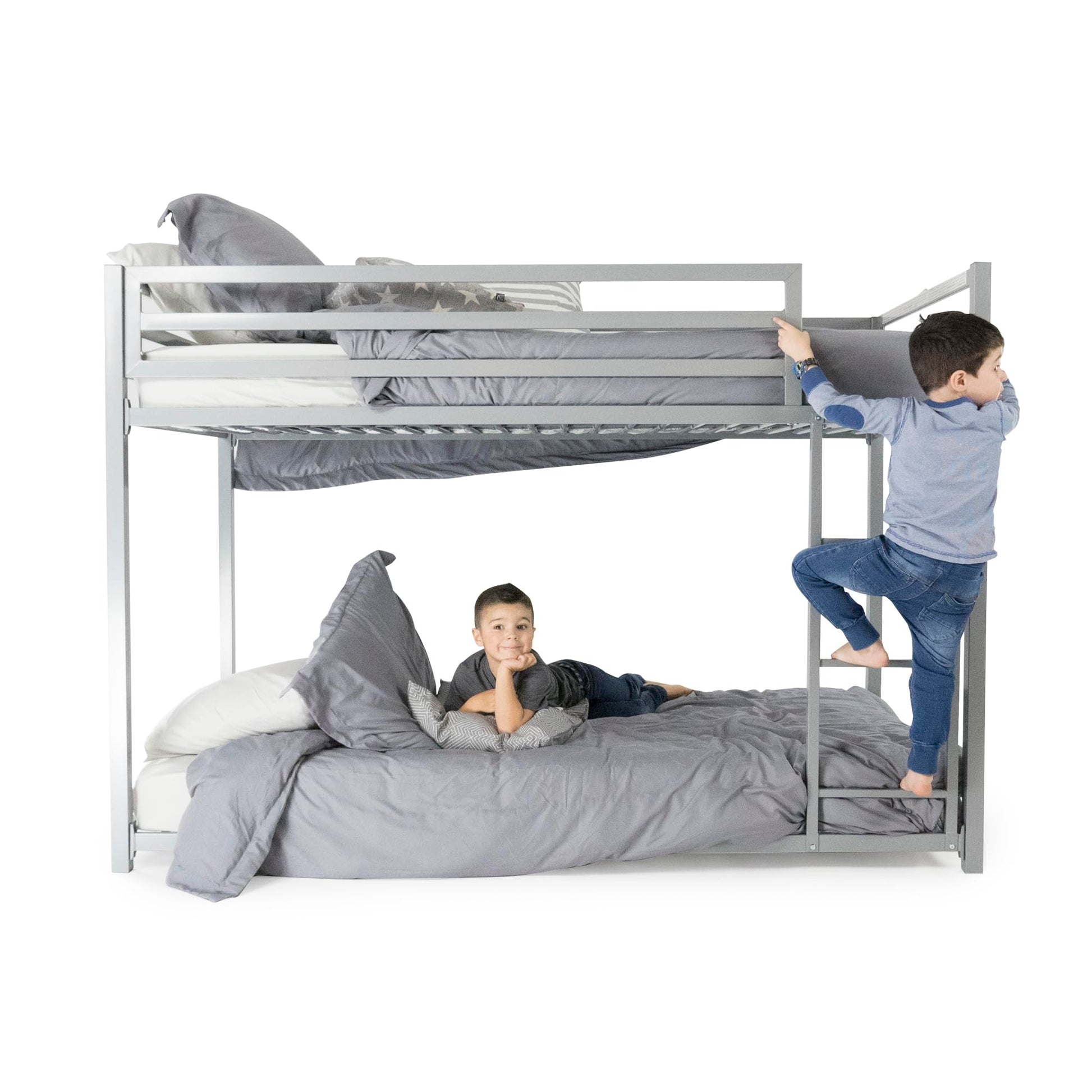 DHP Miles Silver Low Metal Bunk Bed Frame for Kids - Twin Over Twin with Built-in Ladder and High Guardrails - WoodArtSupply