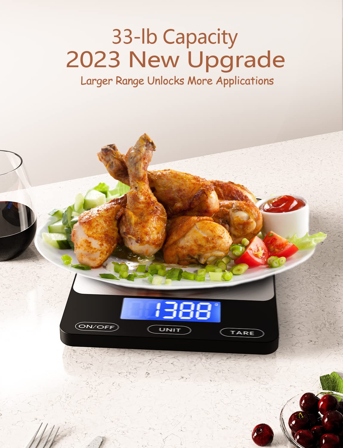 Food Scale -33lb Digital Kitchen Scale for Food Ounces Grams Rechargeable 304 Stainless Steel,Batteries and Type-C Charging | Perfect for Meal Prep, Cooking, and Baking, Black GGQ