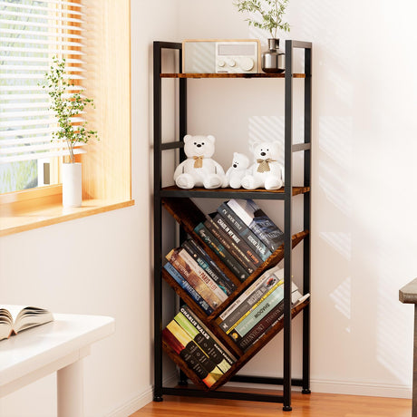 6-Tier Tree Bookshelf for Corner & Small Spaces, Modern Rustic Metal Bookcase Storage Organizer for Books, CDs, Movies – Industrial Floor Standing Bookshelves for Bedroom, Living Room, Home Office Faesun