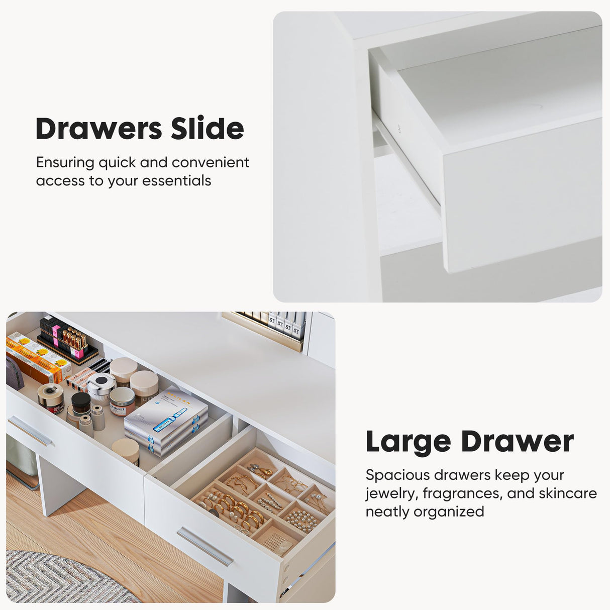 Sweetcrispy Vanity Desk with Adjustable Lighten Mirror & Power Outlet, Makeup Desk for Bedroom with a Storage Cabinet and 3 Drawers, 4 Storage Shelves, White Dresser for Girls Sweetcrispy