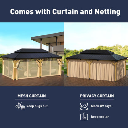 SUNBURY 12'x20' Outdoor Cedar Wood Gazebo, 2-Tier Metal Hardtop Wooden Frame Gazebo for Patio with Privacy Curtains and Mosquito Nettings for Gardens, Lawns, Backyard, Poolside (Log Color Fra - WoodArtSupply