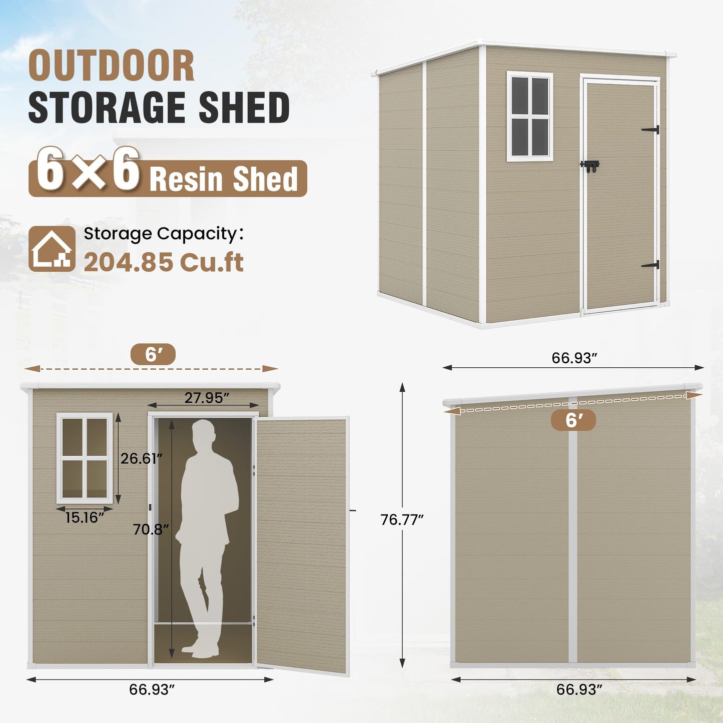 VONZOY Outdoor Storage Shed, 6x6 FT Resin Shed with Floor and Lockable Door, Window & Vents, Tool Sheds & Outdoor Storage for Bike, Garden Accessories, Tools, Waterproof (Light Brown)