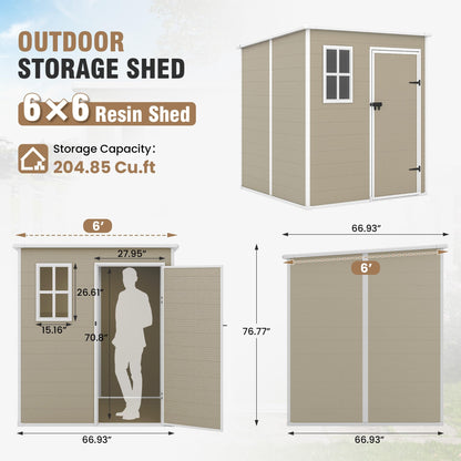 VONZOY Outdoor Storage Shed, 6x6 FT Resin Shed with Floor and Lockable Door, Window & Vents, Tool Sheds & Outdoor Storage for Bike, Garden Accessories, Tools, Waterproof (Light Brown)