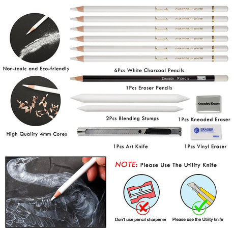 Brusarth White Charcoal Pencils Set - 12 Piece Sketch Highlight White Pencils Set for Drawing, Sketching, Shading, Blending, Artist Pencils for Artists, Professionals or Beginners Brusarth