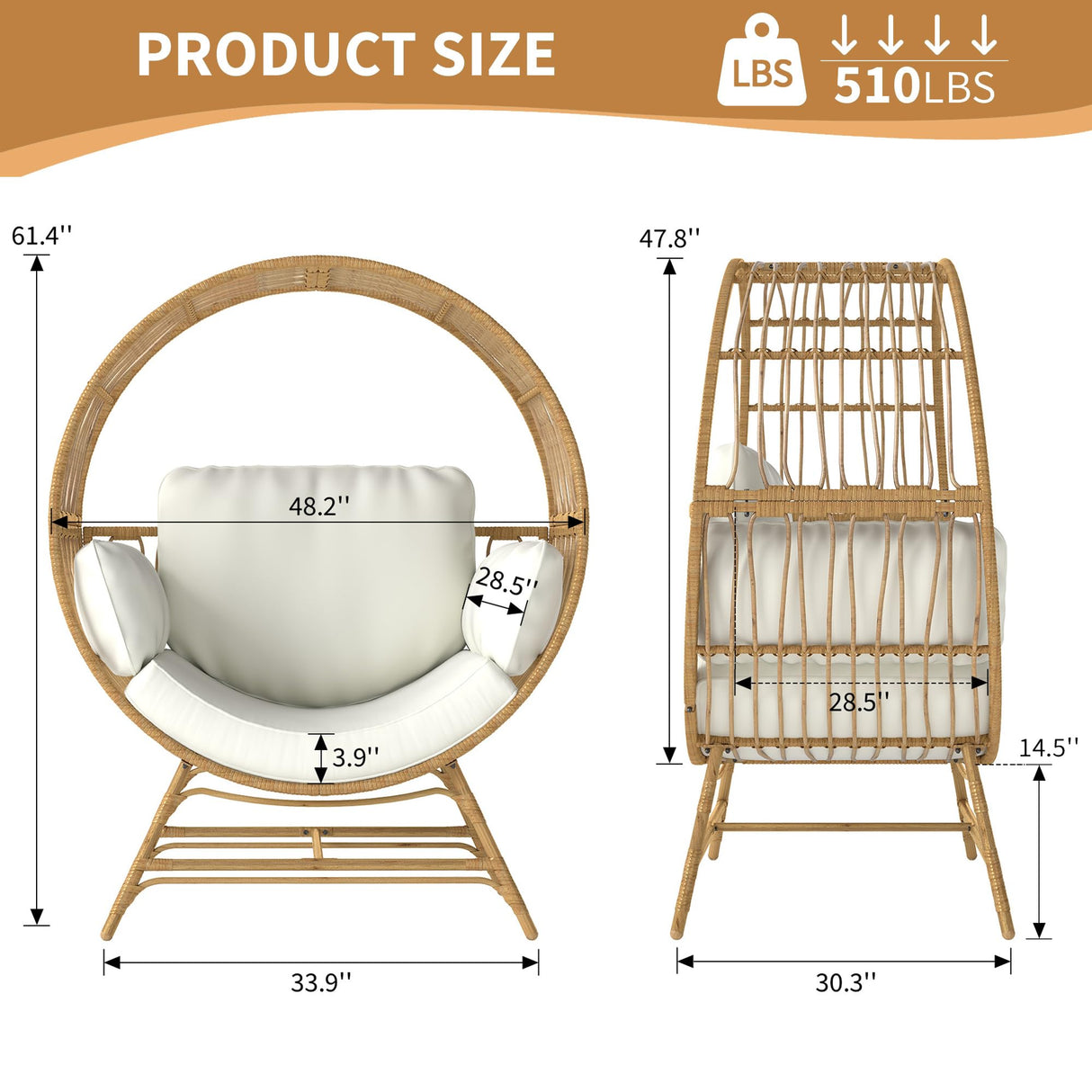 Fancyango Egg Chair Outdoor Indoor, Oversized Rattan Chair with Thicken Cushion, 510LBS Capacity Wicker Patio Lounge Chair, Basket Chair for Living Room Balcony Porch Backyard, Beige Fancyango