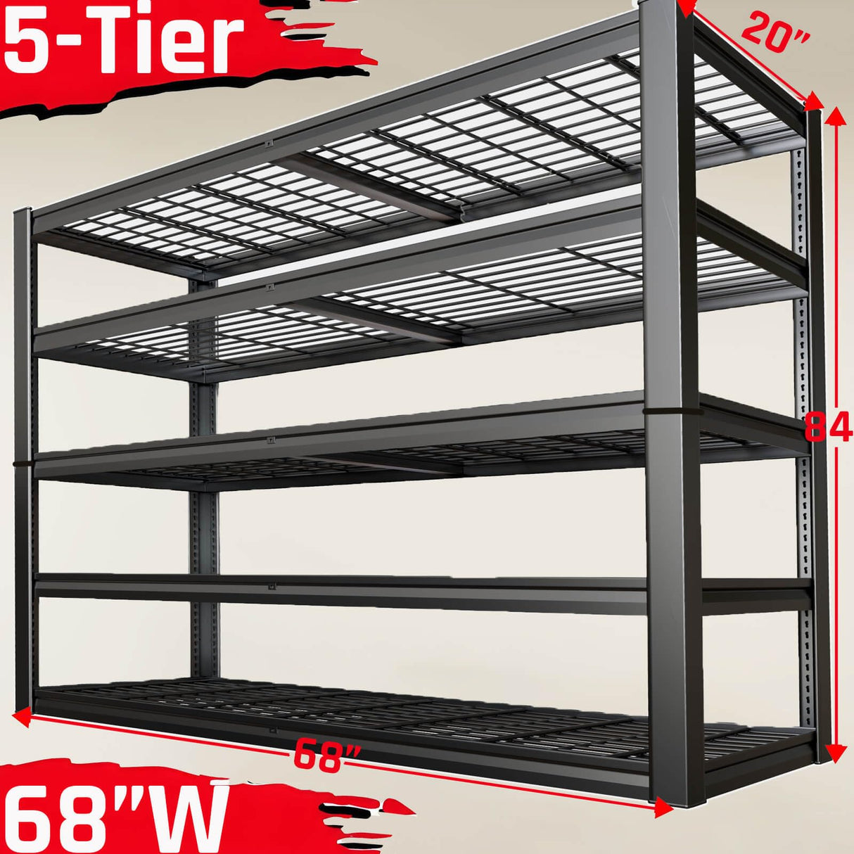 SKZNSA 68" Wide Heavy Duty Garage Shelving Units, 5-Tier Deep Storage Shelves,Black Metal Garage Shelves,Steel Shelf,Large Storage Rack,Industrial Shelving for Shop, 68" W x 20" D x 84" H SKZNSA