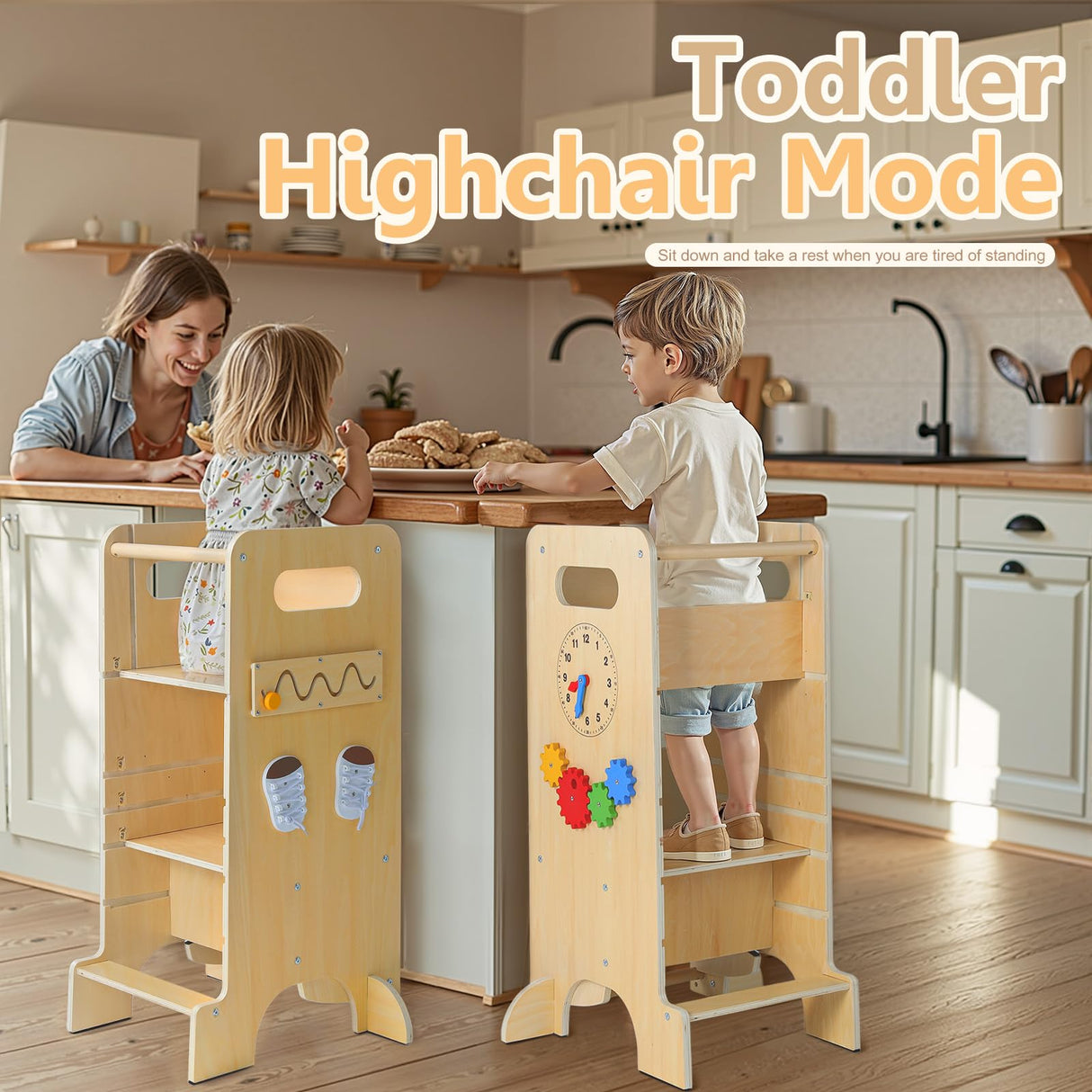 FlyingBoom Toddler Tower 4-in-1 Multifunctional Toddler Kitchen Stool Helper with Removable Safety Board, Adjustable Heights, Slide, Highchair, Chalkboard, Montessori Games FlyingBoom