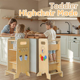 FlyingBoom Toddler Tower 4-in-1 Multifunctional Toddler Kitchen Stool Helper with Removable Safety Board, Adjustable Heights, Slide, Highchair, Chalkboard, Montessori Games FlyingBoom