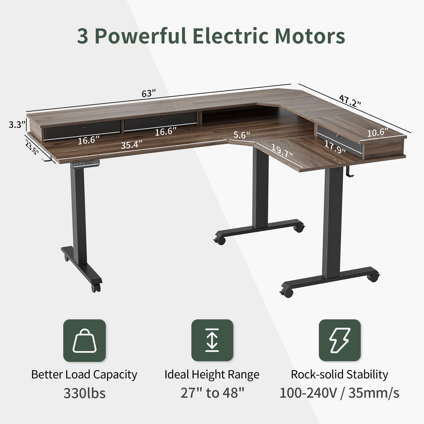 FEZIBO Triple Motor 63" L Shaped Standing Desk with 3 Drawers, Electric Gaming Desk Adjustable Height, Corner Stand up Desk with Splice Board, Black Frame/Black Walnut Top