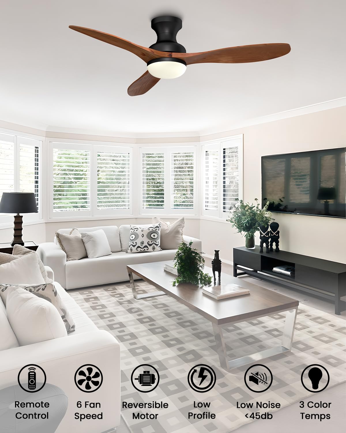 Frstem Leah 52" Flush Mount Solid Wood Ceiling Fan with Light & Remote Control, Low Profile/3 Blades/6-speed/Timer/3 CCT/Quiet DC Motor Ceiling Fan Light Fixture, for Kitchen Bedroom Living Room